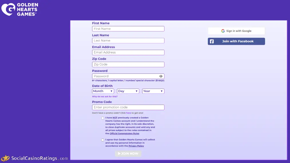 Golden Hearts Games Register Form