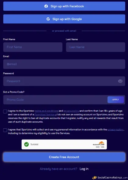 Sportzino Register Form