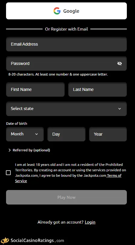 Jackpota Register Form