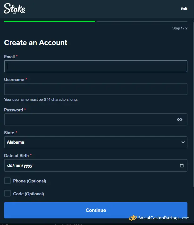Stake.us Register Form
